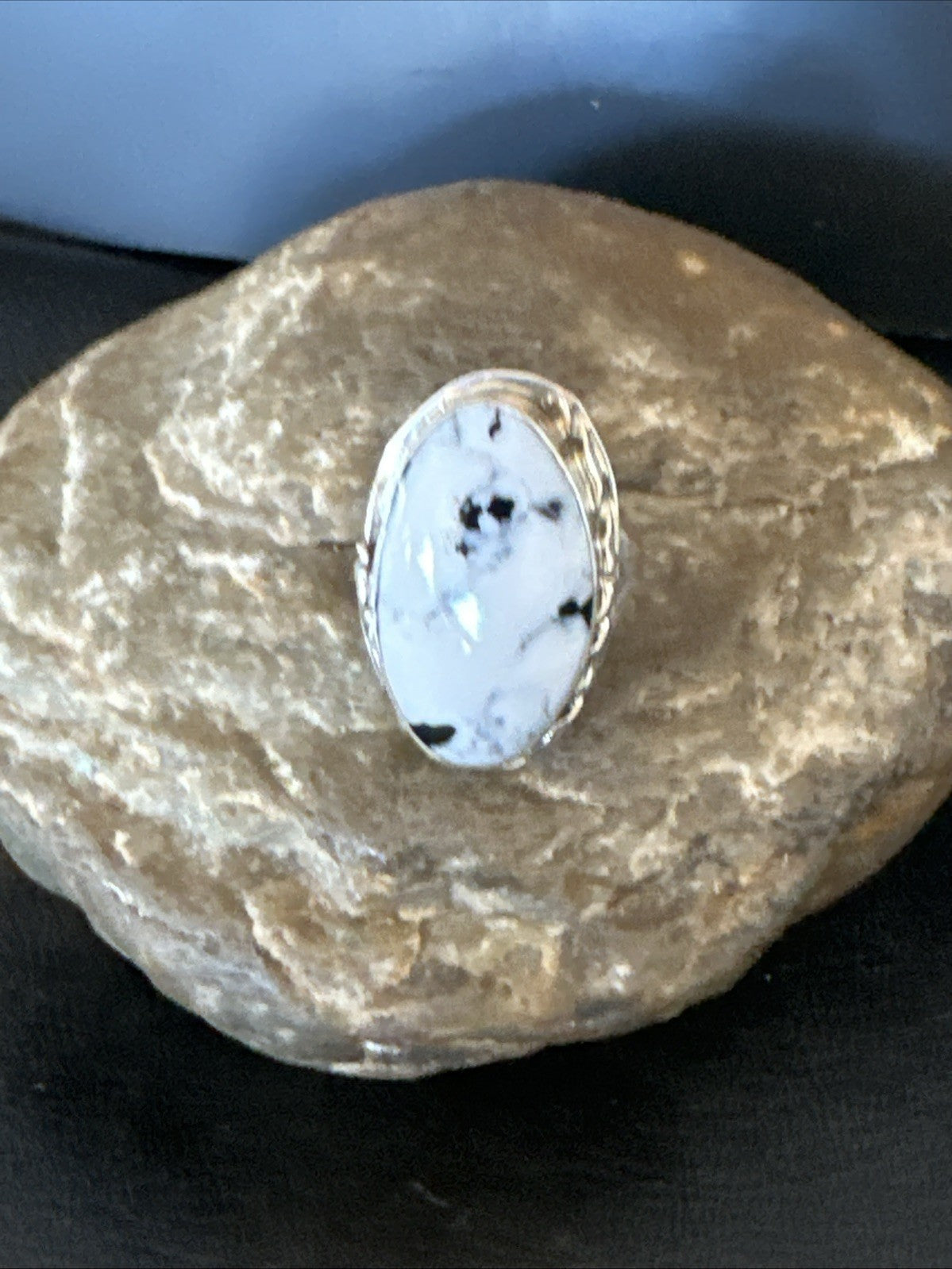 Black White Buffalo Turquoise Navajo Sterling Silver Ring Size 7.5 19805