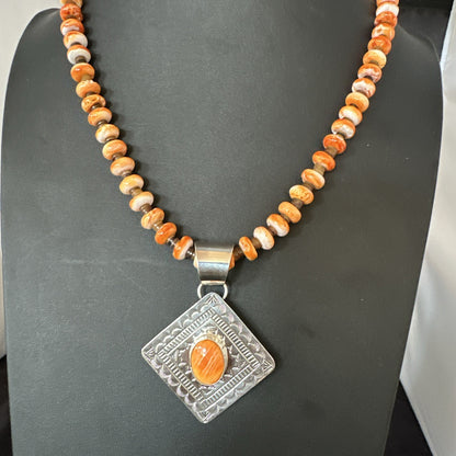 H Joe Orange Spiny Oyster Pendant Navajo Sterling Silver Necklace 19481