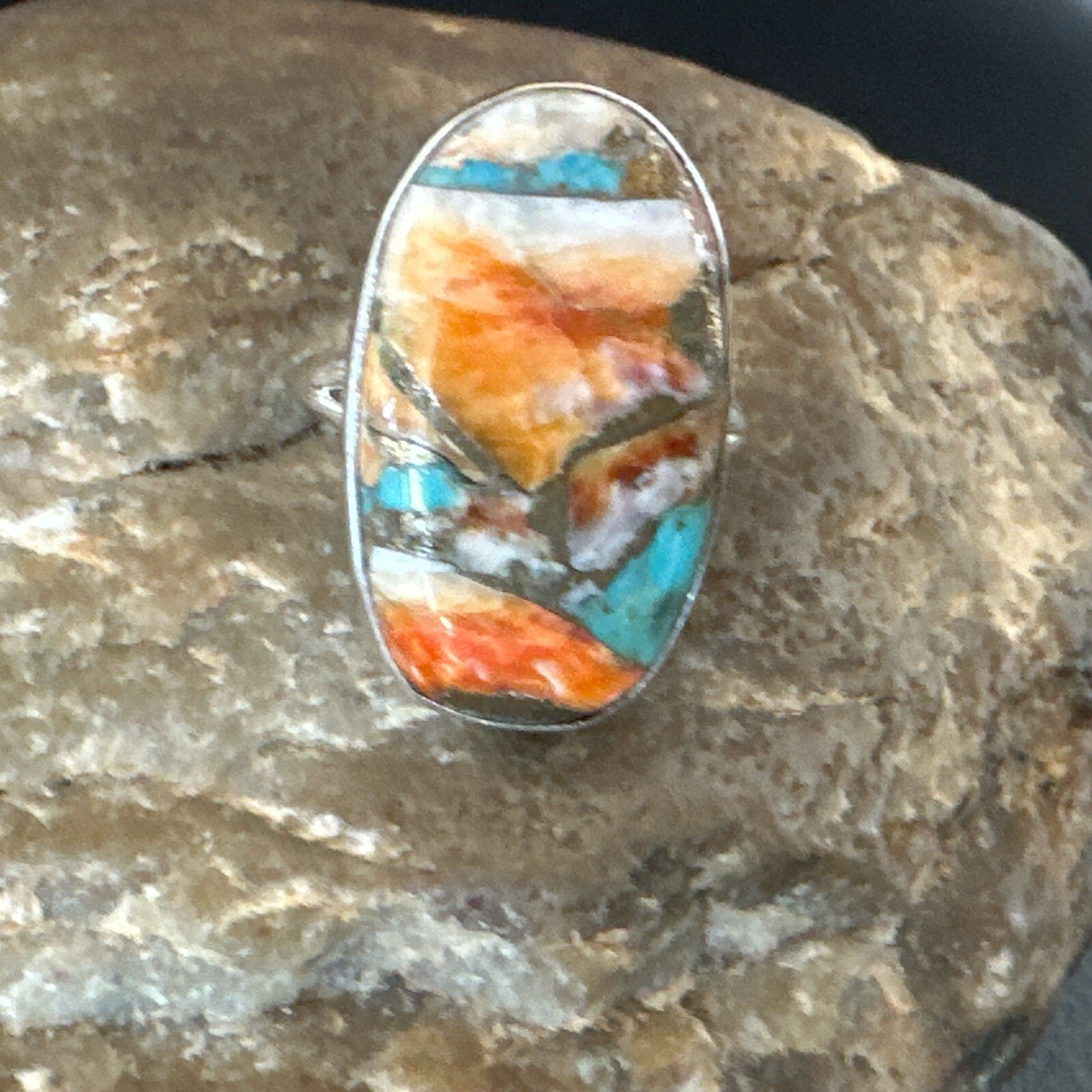 Blue Turquoise Spiny Oyster Navajo Sterling Silver Ring Size 8 18252