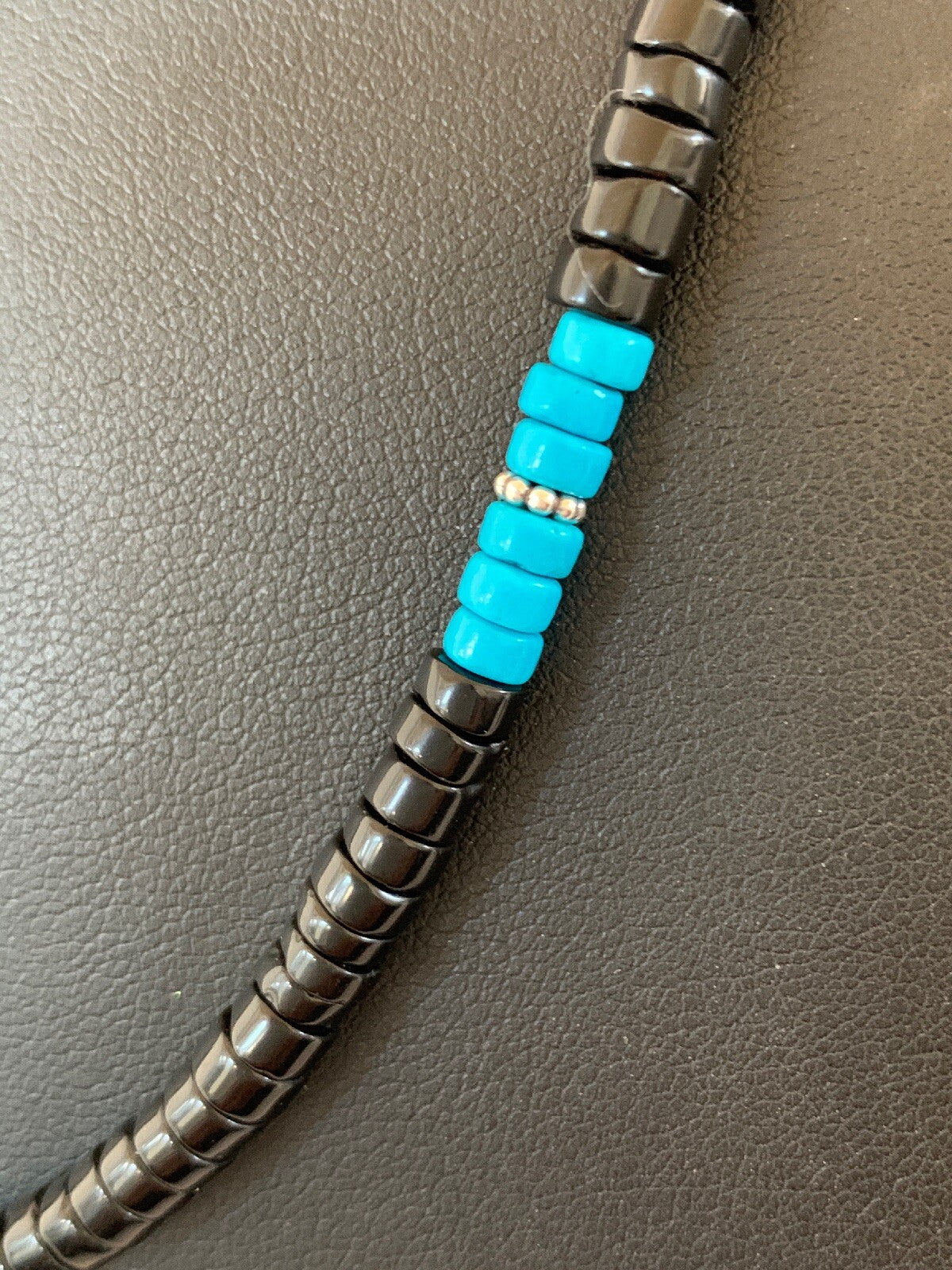 Native Mens Blue Turquoise Heishi Onyx Necklace Navajo Sterling Silver 8823