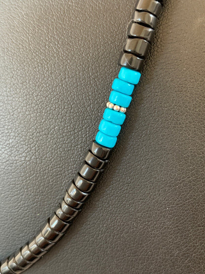 Native Mens Blue Turquoise Heishi Onyx Necklace Navajo Sterling Silver 8823