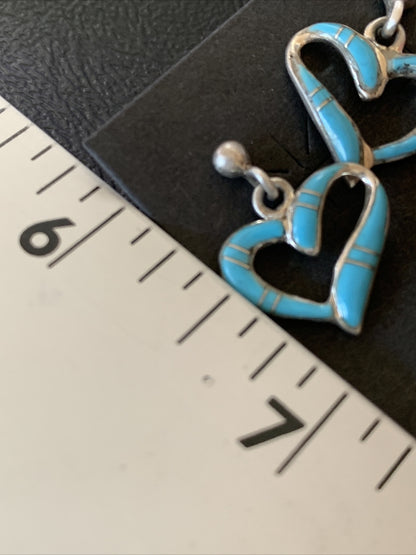 Blue Turquoise Heart Navajo Sterling Silver Dangle Post Earrings 0.5" 12714