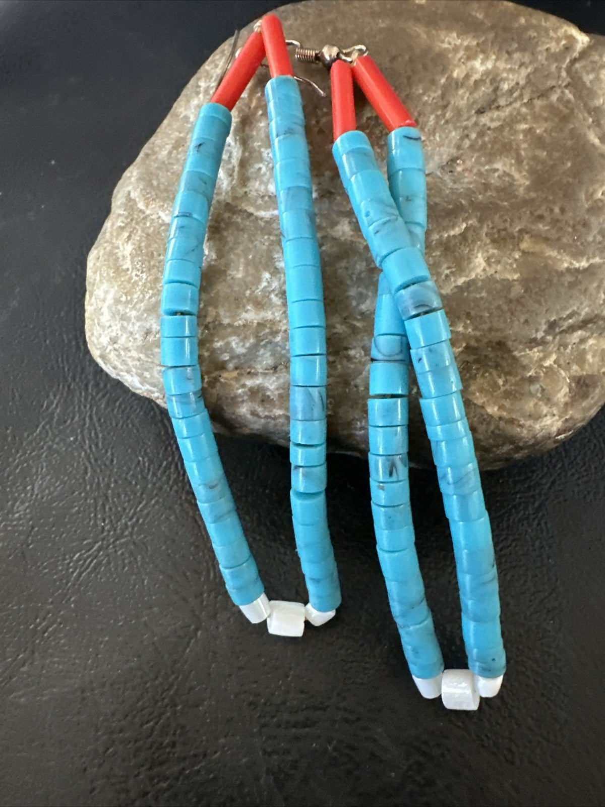 Blue Turquoise Coral Santo Domingo Sterling Silver Long Dangle Earrings 3" 17848