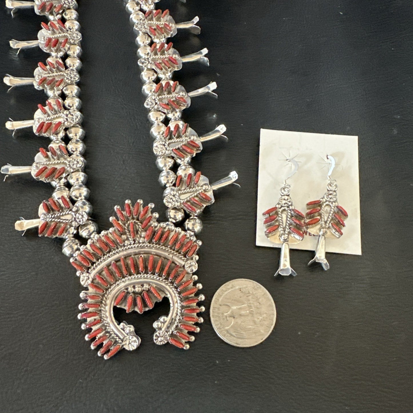 ZUNI Coral Sterling Silver Squash Blossom Needlepoint Necklace Earrings 19277