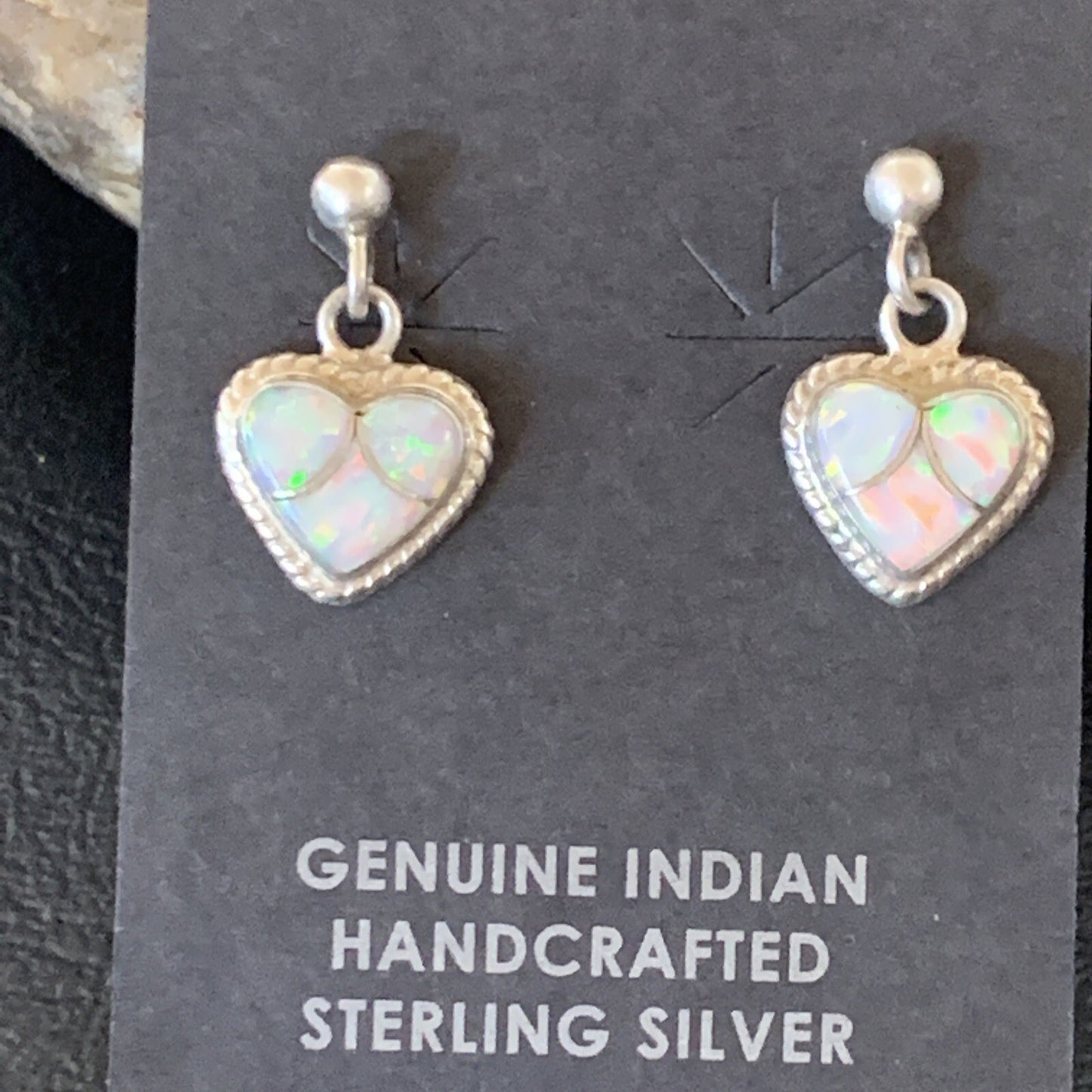 Womens White Opal Inlay Navajo Sterling Silver Dangle Post Earrings 0.5" 12761