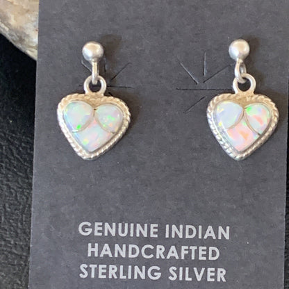 Womens White Opal Inlay Navajo Sterling Silver Dangle Post Earrings 0.5" 12761