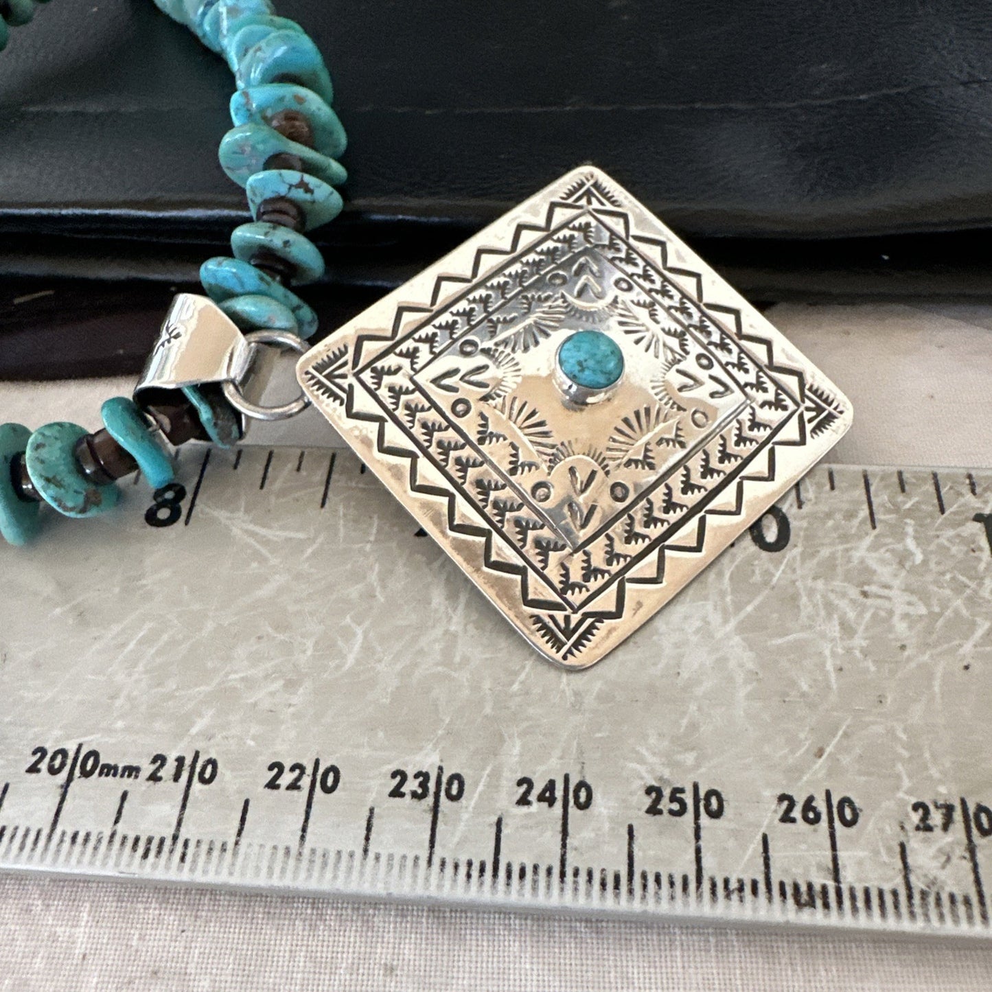 Navajo Blue Turquoise Stamped Pendant Shell Sterling Silver 25” Necklace 19706