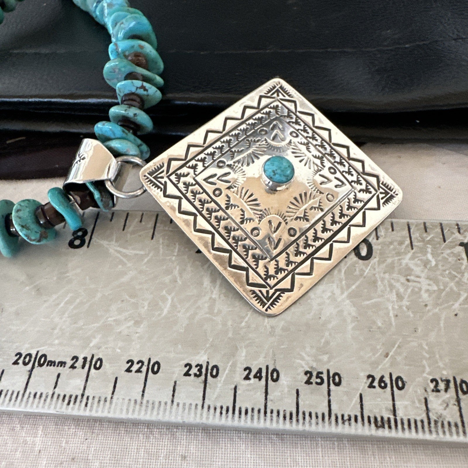 Navajo Blue Turquoise Stamped Pendant Shell Sterling Silver 25” Necklace 19706