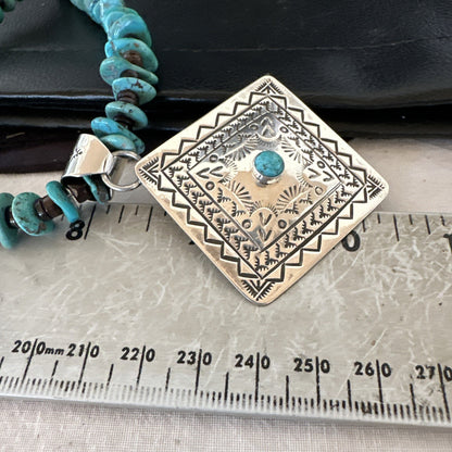 Navajo Blue Turquoise Stamped Pendant Shell Sterling Silver 25” Necklace 19706