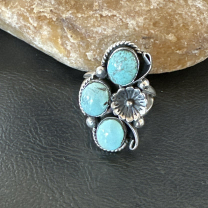 Yazzie Ring Blue Turquoise Navajo Sterling Silver Cluster Size 10 19218