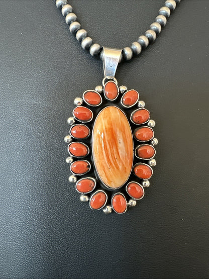 Red Coral Orange Spiny Navajo Sterling Silver Cluster Pendant Necklace 19565