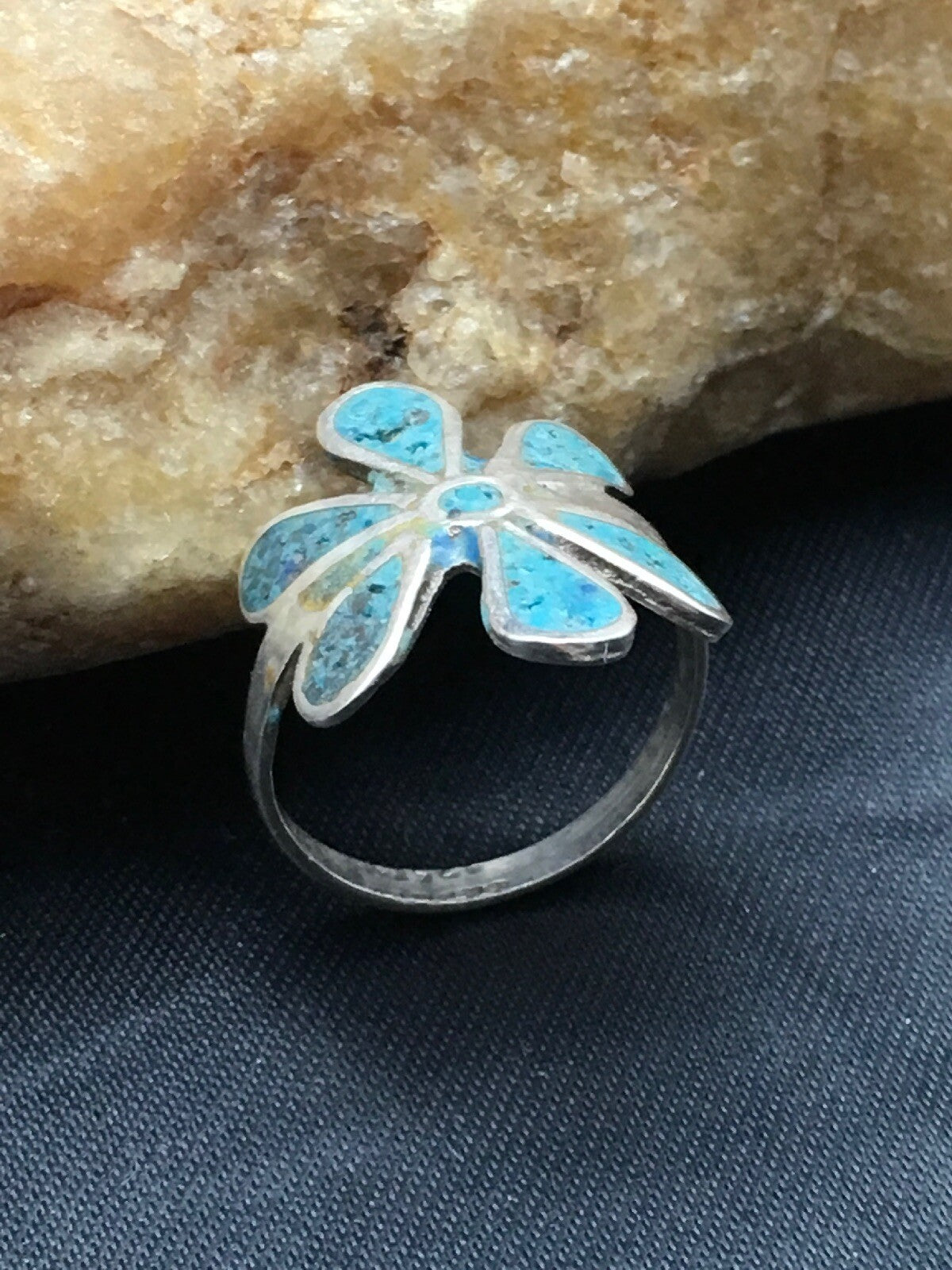 Navajo Blue Turquoise Flower Ring Sterling Silver 6.75 03076