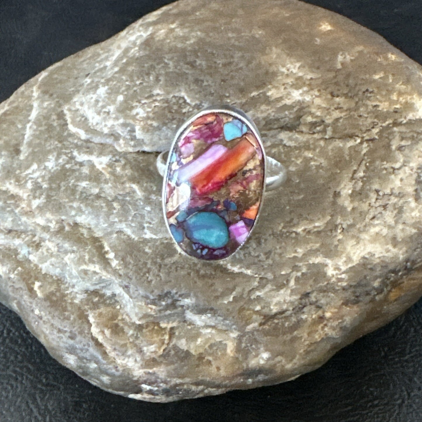 Blue Turquoise Spiny Oyster Southwestern Sterling Silver Ring Size 9 18539