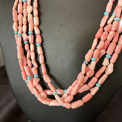 Navajo Blue Turquoise Pink Coral Sterling Silver 5 Strand Necklace 20” 17840