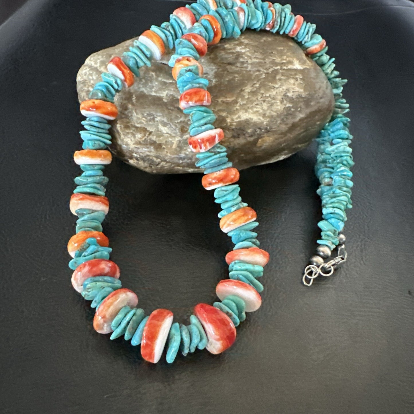 Red Spiny Oyster Blue Turquoise Navajo Sterling Silver Necklace 23" 18267