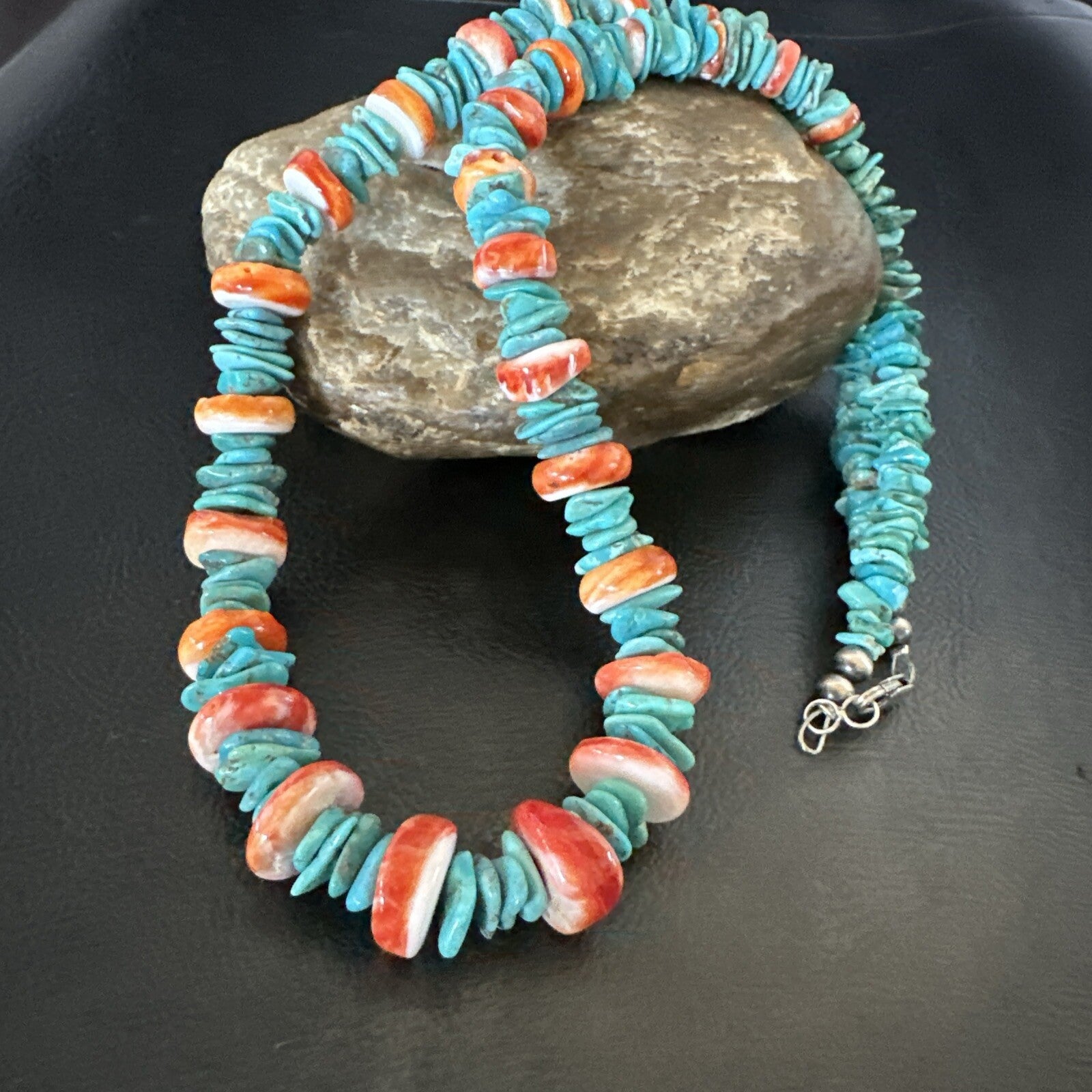 Red Spiny Oyster Blue Turquoise Navajo Sterling Silver Necklace 23" 18267