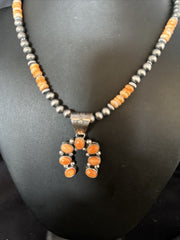 Orange Spiny Oyster Naja Pendant Navajo Pearls Necklace | Sterling Silver | Authentic Native American Handmade | 11346