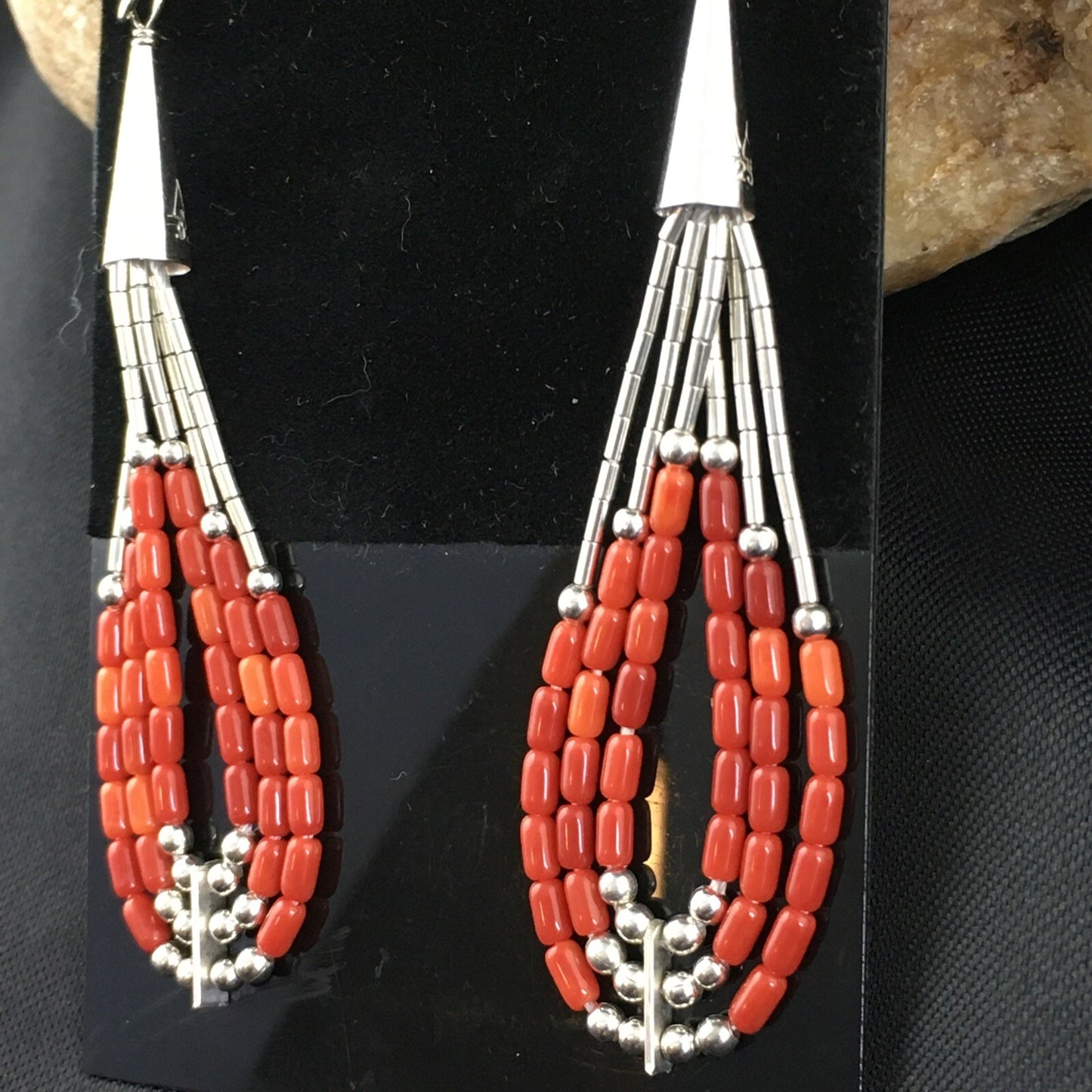Red Coral 3 Strands Heishi Liquid Sterling Silver Dangle Earrings 1977