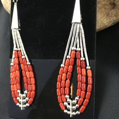 Red Coral 3 Strands Heishi Liquid Sterling Silver Dangle Earrings 1977