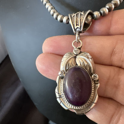 Purple Stone Pendant Navajo Pearls Sterling Silver Necklace 20” 18403
