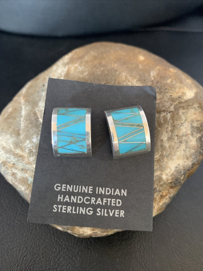 Womens Blue Turquoise Navajo Sterling Silver Stud Inlay Earrings 13107
