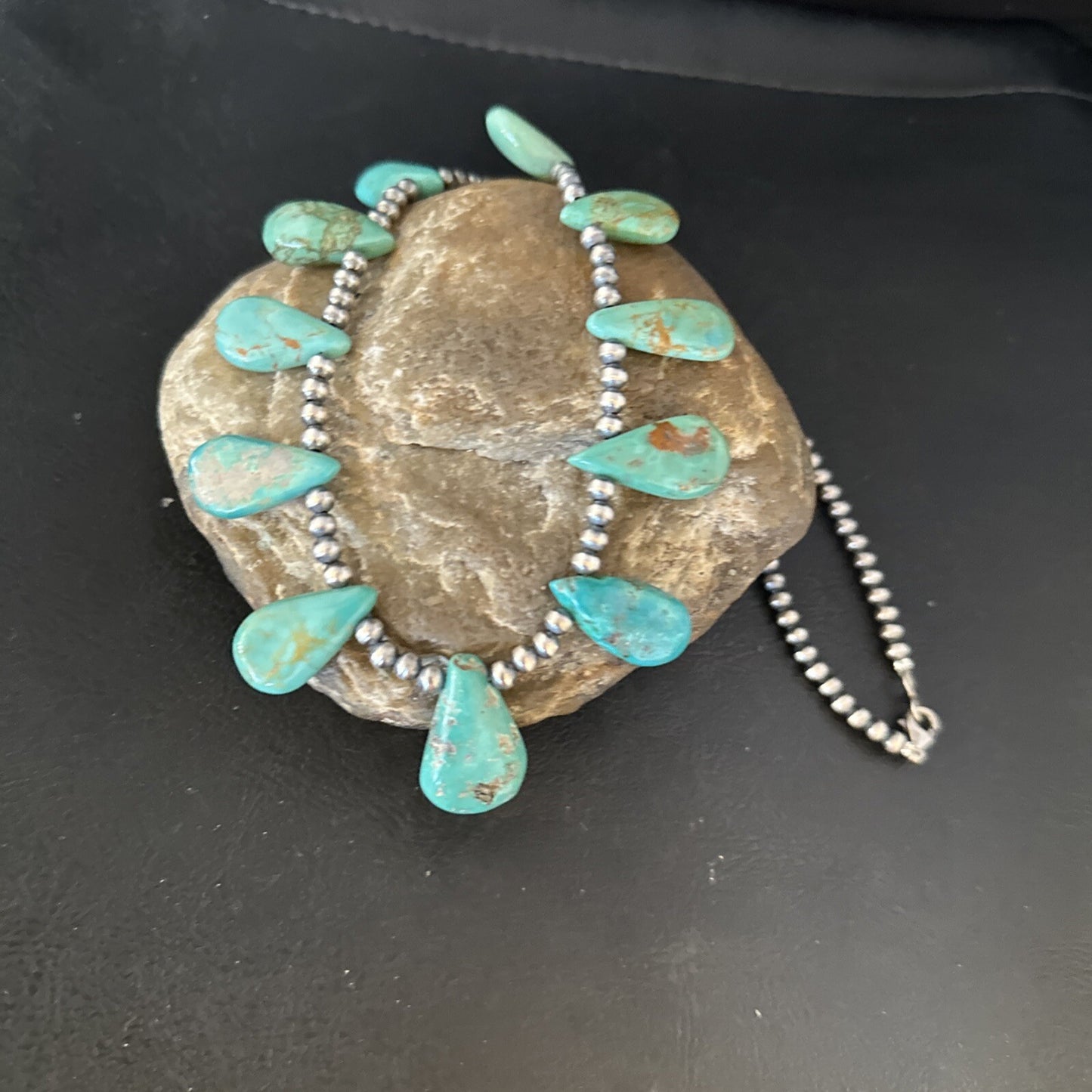Blue Turquoise Teardrop Navajo Pearls Sterling Silver Necklace 14390