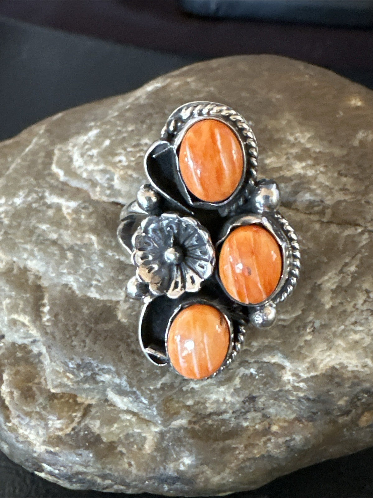 Orange Spiny Oyster Cluster Navajo Sterling Silver Ring Size 9.5 19184