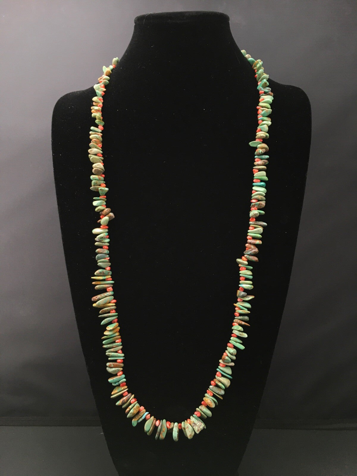 Green Turquoise & Spiny Oyster Navajo Sterling Silver Necklace 34" 04738