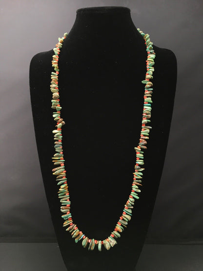 Green Turquoise & Spiny Oyster Navajo Sterling Silver Necklace 34" 04738