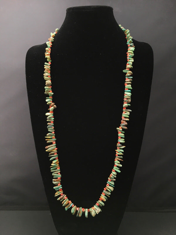 Green Turquoise Spiny Oyster Navajo Necklace 34" | Sterling Silver | Authentic Native American Handmade | 04738