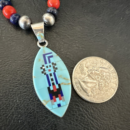 Multicolor Turquoise Coral Navajo Sterling Silver Inlay Pendant Necklace 19645