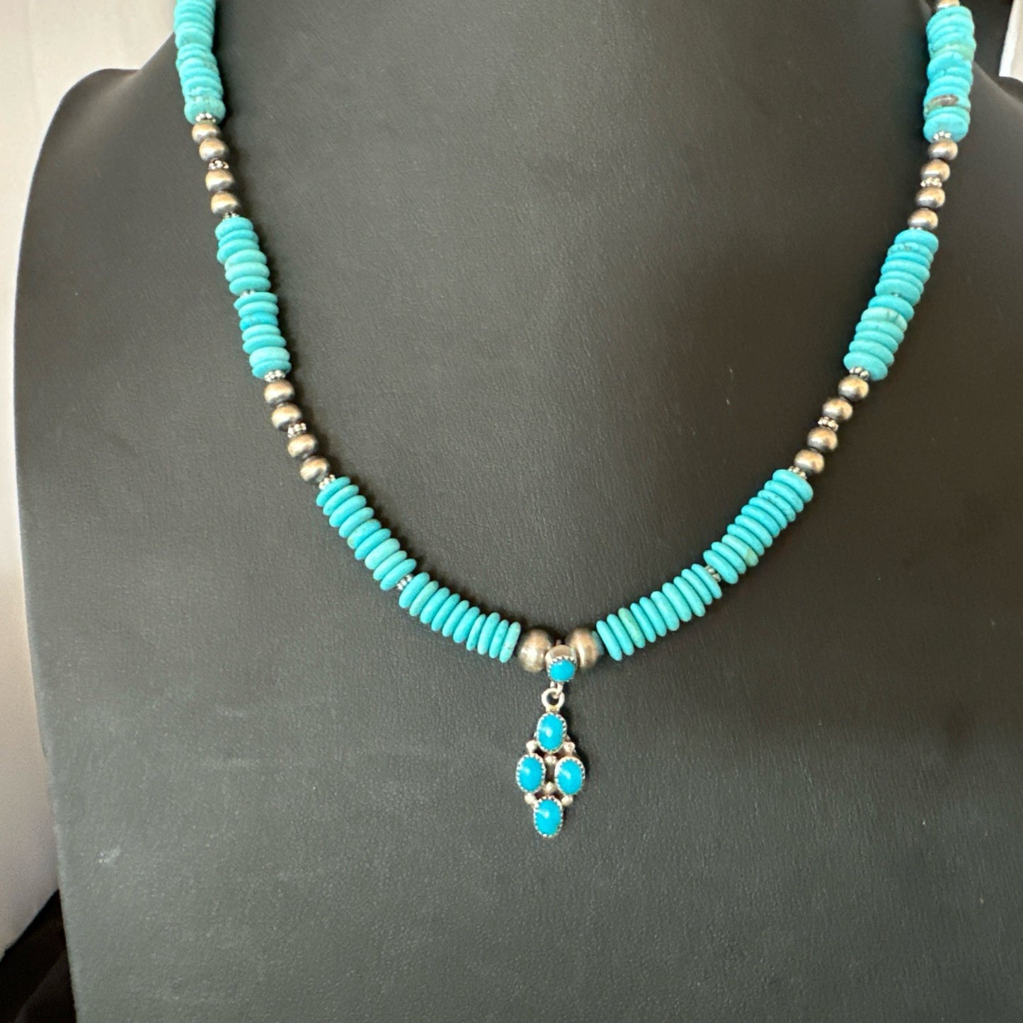 Blue Turquoise Cluster Pendant Navajo Sterling Silver Necklace 20" 19713