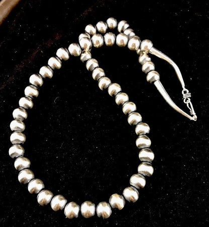 Native American 12mm Sterling Silver Navajo Pearls 24" Hook & Eye Cone Necklace