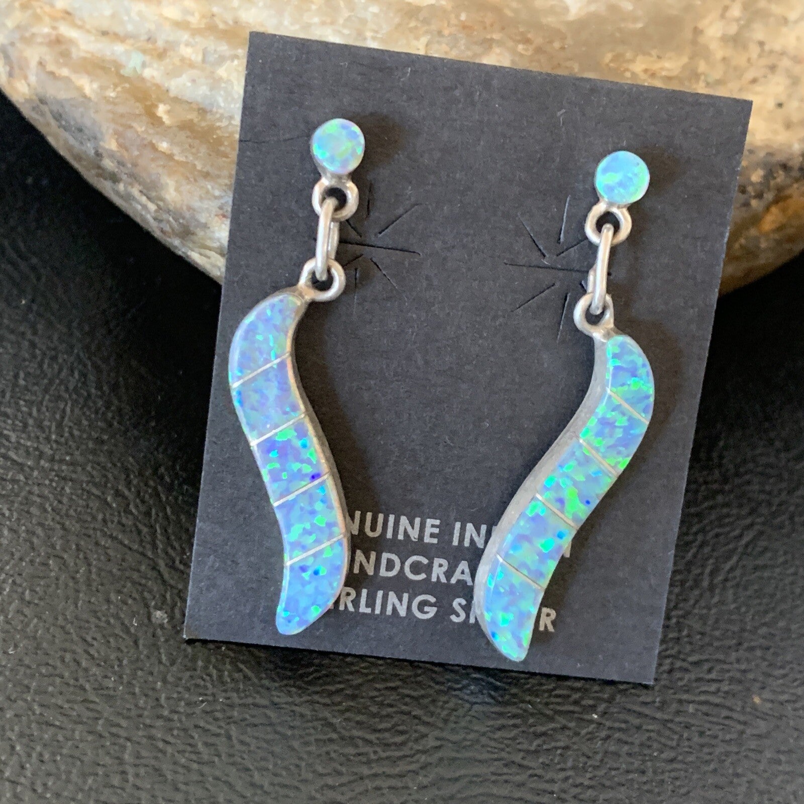 Womens Blue Opal Inlay Navajo Sterling Silver Dangle Post Earrings 12774