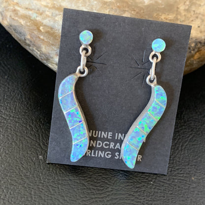 Womens Blue Opal Inlay Navajo Sterling Silver Dangle Post Earrings 12774