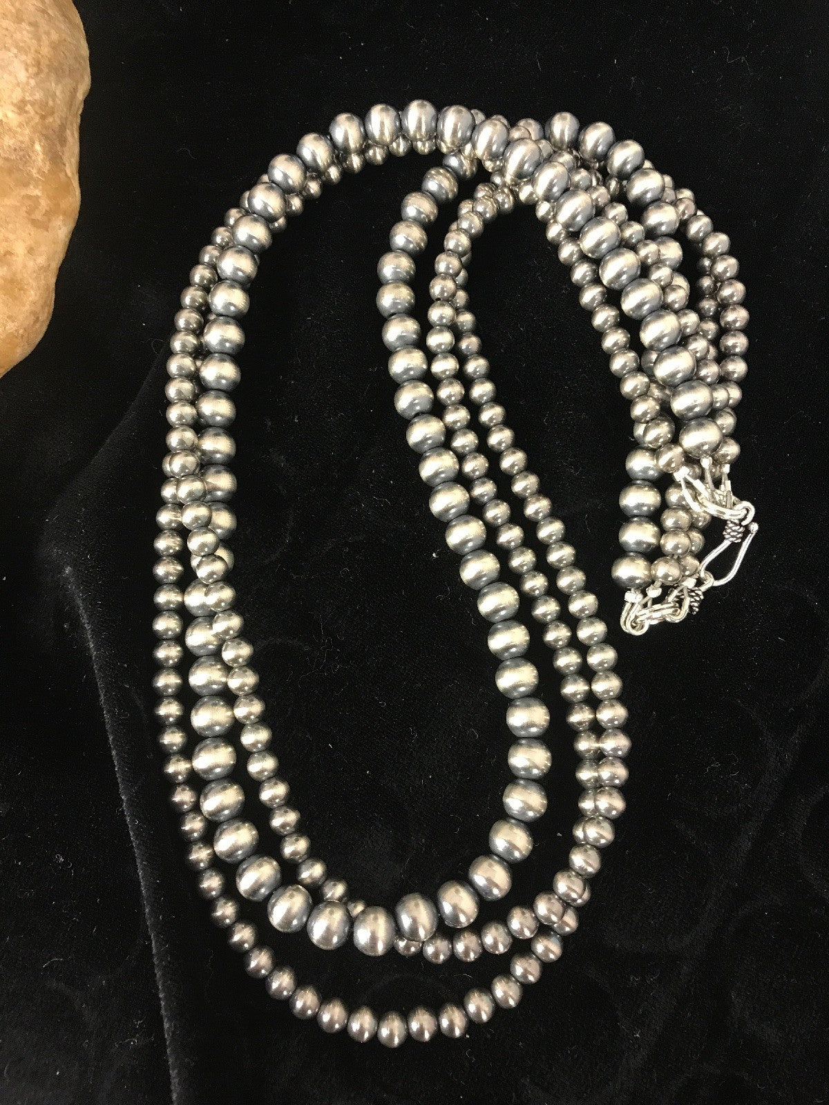 Native American 4, 5, 6 mm Sterling Silver Beads Navajo 3 Strand 18” Necklace