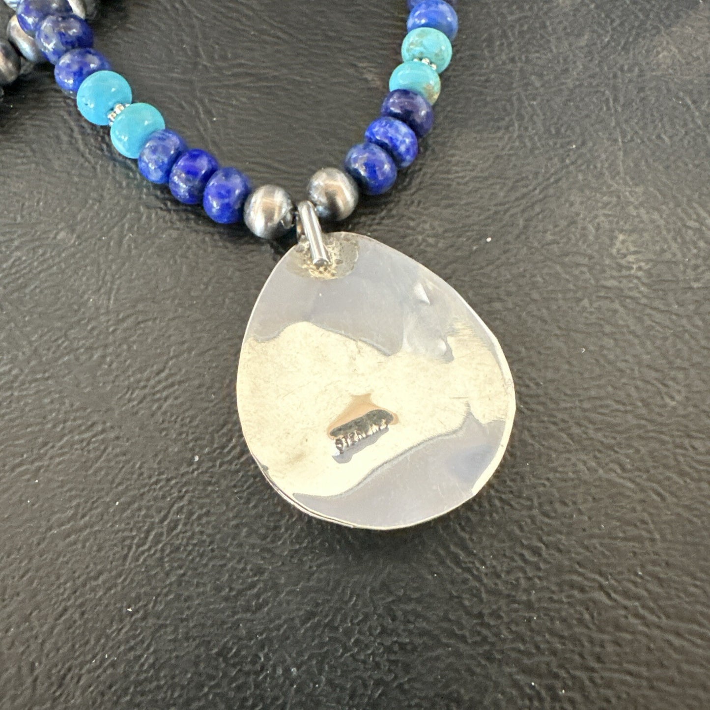 Mens Blue Turquoise Lapis BearPaw Pendant Navajo Sterling Silver Necklace 17882