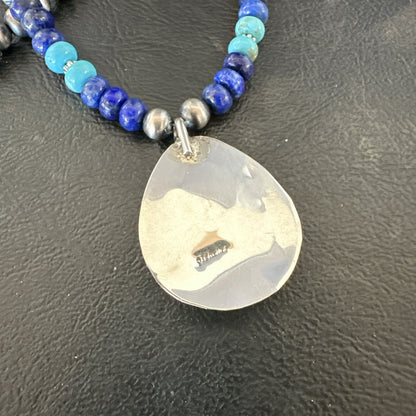 Mens Blue Turquoise Lapis BearPaw Pendant Navajo Sterling Silver Necklace 17882