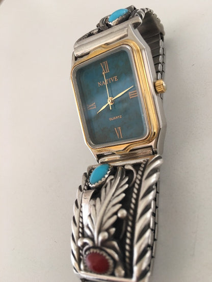 Women Blue Sleeping Beauty Turquoise Red Coral Sterling Silver Watches 10010