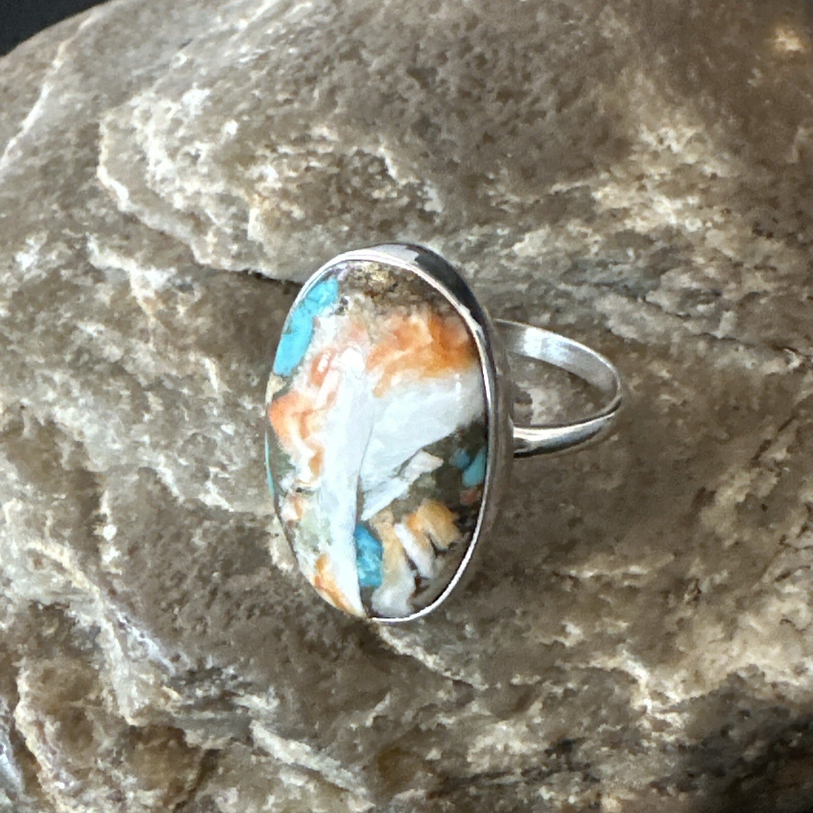 Blue Turquoise Spiny Oyster Southwestern Sterling Silver Ring Size 8 18439