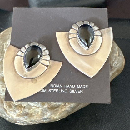 Old Pawn Black Onyx Navajo Sterling Silver Native American Earrings 18114