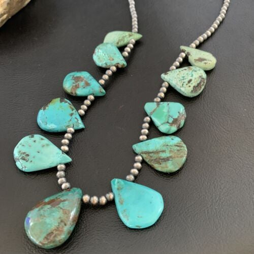 Navajo Pearls Necklace Sterling Silver Blue Turquoise Teardrop 13152