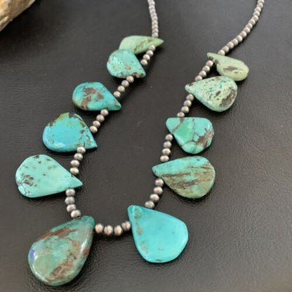 Navajo Pearls Necklace Sterling Silver Blue Turquoise Teardrop 13152