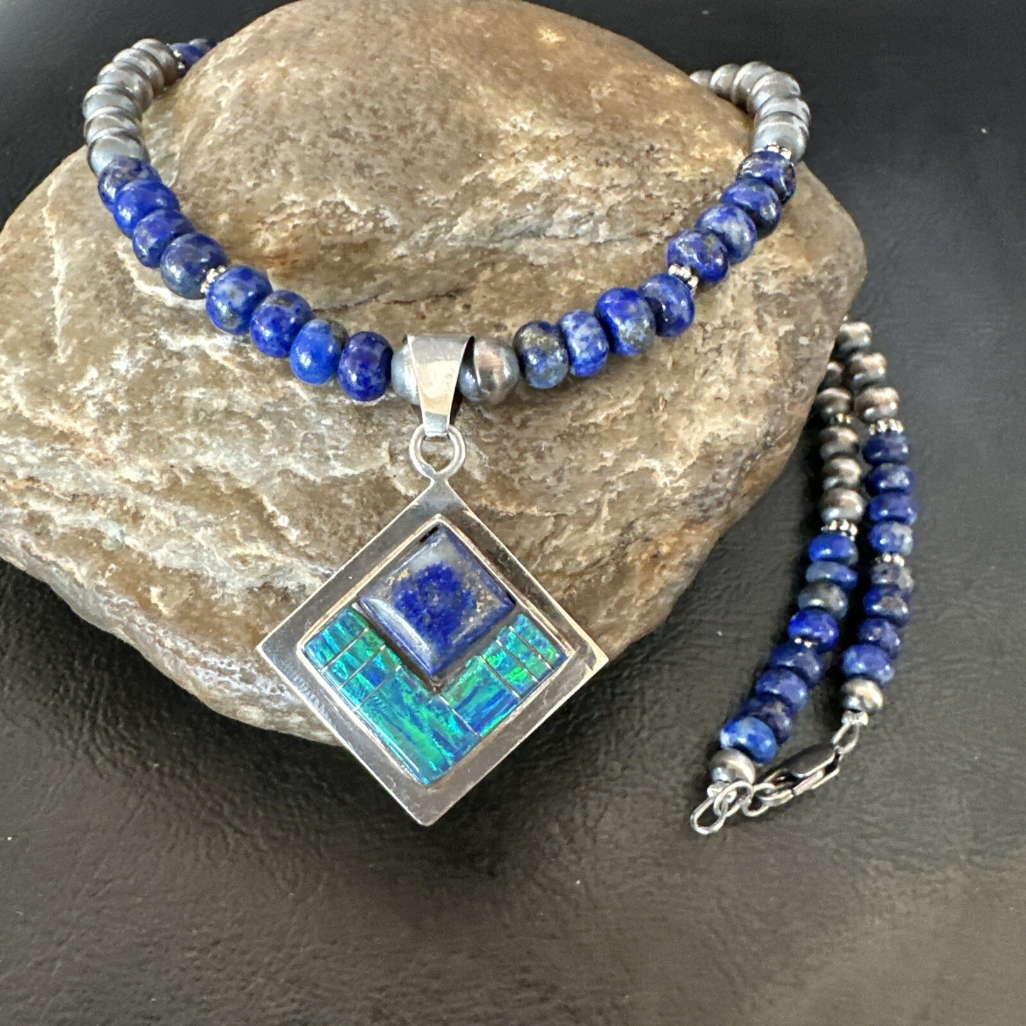 Mens Womens Blue Lapis Opal Navajo Sterling Silver Pendant Necklace 21”18339