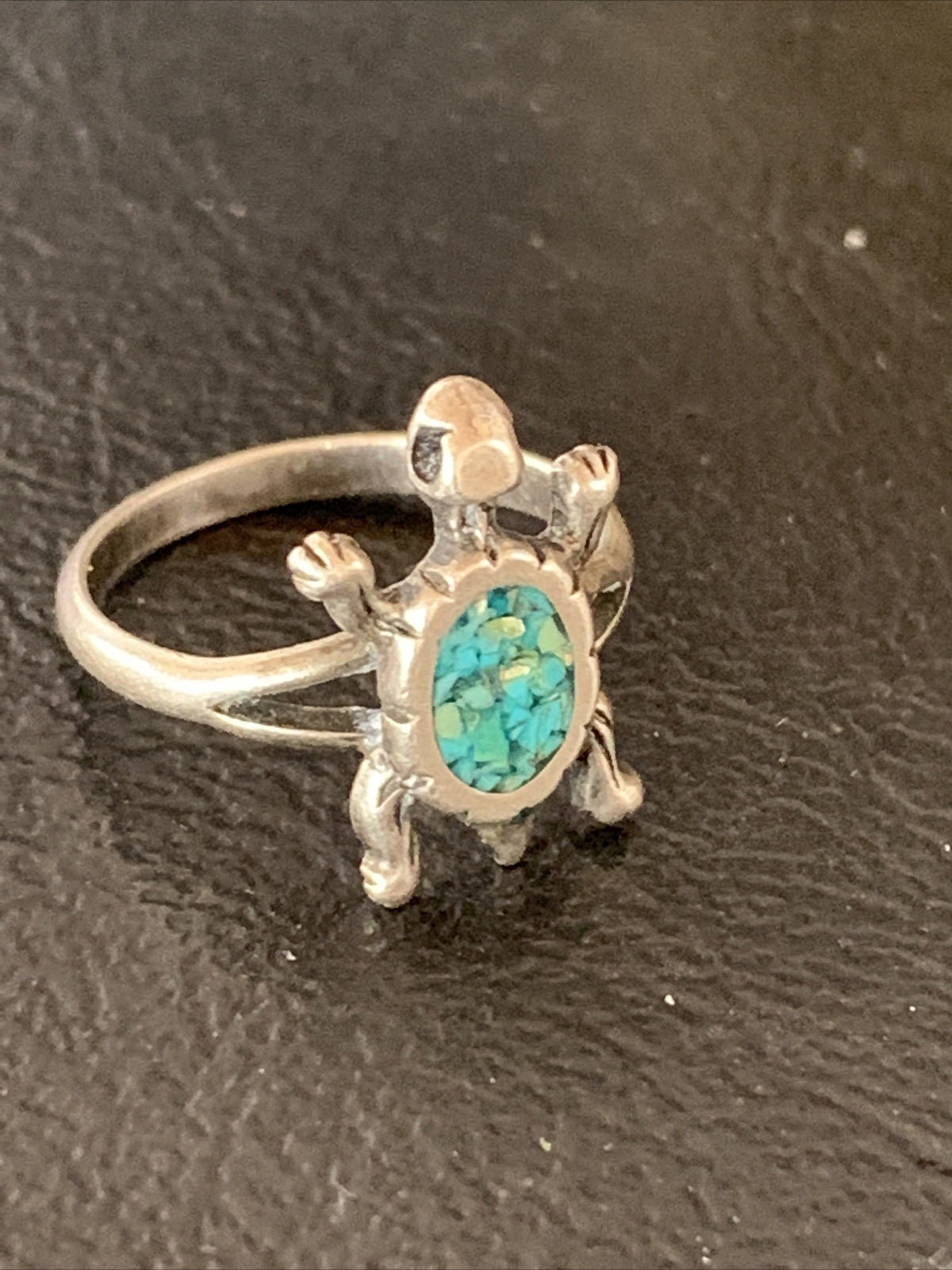 Blue Turquoise Navajo Sterling Silver Old Pawn Turtle Ring Size 4.5 10787
