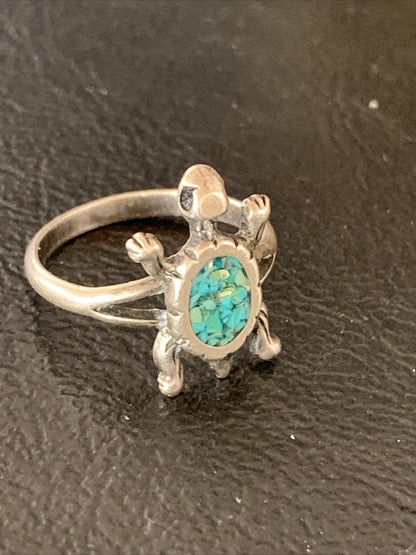 Blue Turquoise Navajo Sterling Silver Old Pawn Turtle Ring Size 4.5 10787