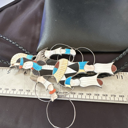 Men Bolo Tie Zuni Hoop Dancer Blue Turquoise Onyx Inlay Sterling Silver 18147