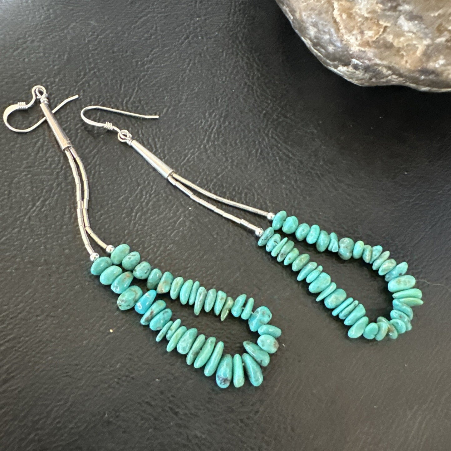 Long Blue Turquoise Nugget Bead Sterling Silver Beads Navajo Earrings 3” 18096