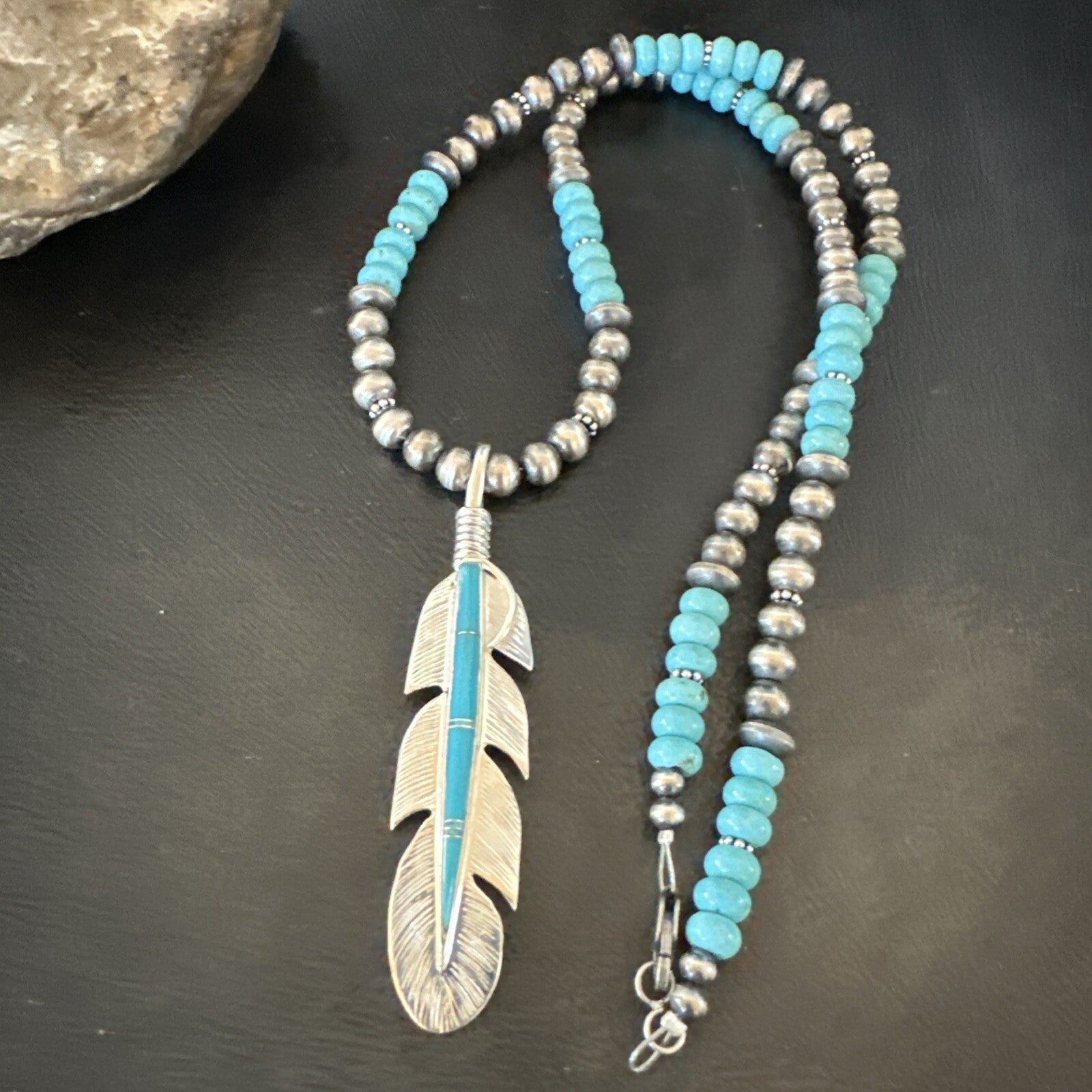 Mens Feather Turquoise Pendant Navajo Sterling Silver Beads Necklace 22" 18669