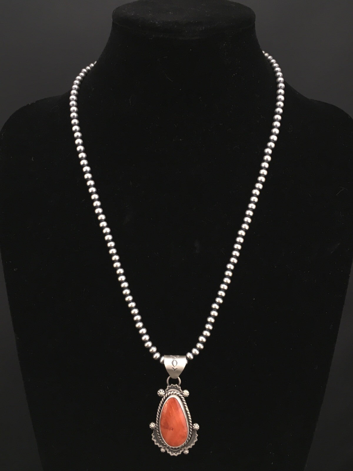 Orange Spiny Oyster Pendant Navajo Pearls Sterling Silver Necklace 1296